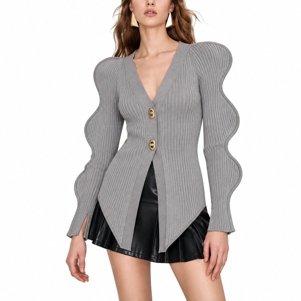 NWT Urban Revivo Wave Sleeve V-Neck Rib Knit Cardigan Light Grey 12 XXL